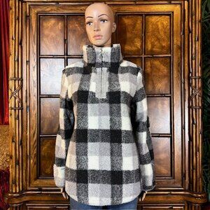 Angashion Gray Buffalo Check Plaid Fleece Teddy O-Ring Quarter Zip Top
